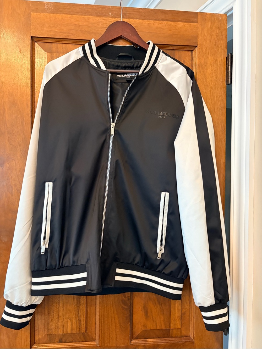 Karl Lagerfeld Black and White Contrast Varsity Bomber Jacket